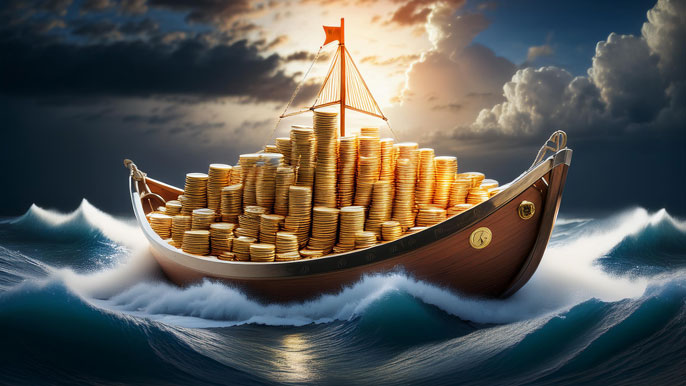 A lifeboat filled with stacks of golden coins navigating turbulent waves, symbolizing financial resilience and strategic investing during a bear market.