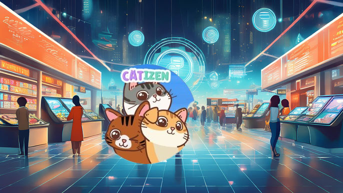 Futuristic marketplace scene featuring the CATI Token logo with adorable cat mascots, symbolizing community-driven cryptocurrency and real-world applications.