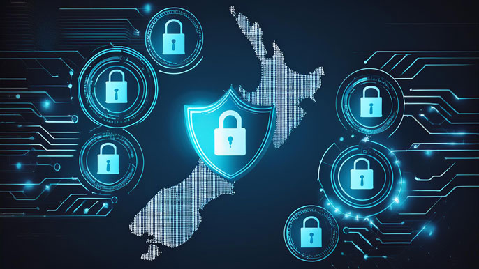 A digital shield with a lock icon overlaying a map of New Zealand, surrounded by connected padlock symbols, representing data protection and compliance with New Zealand's Privacy Act.