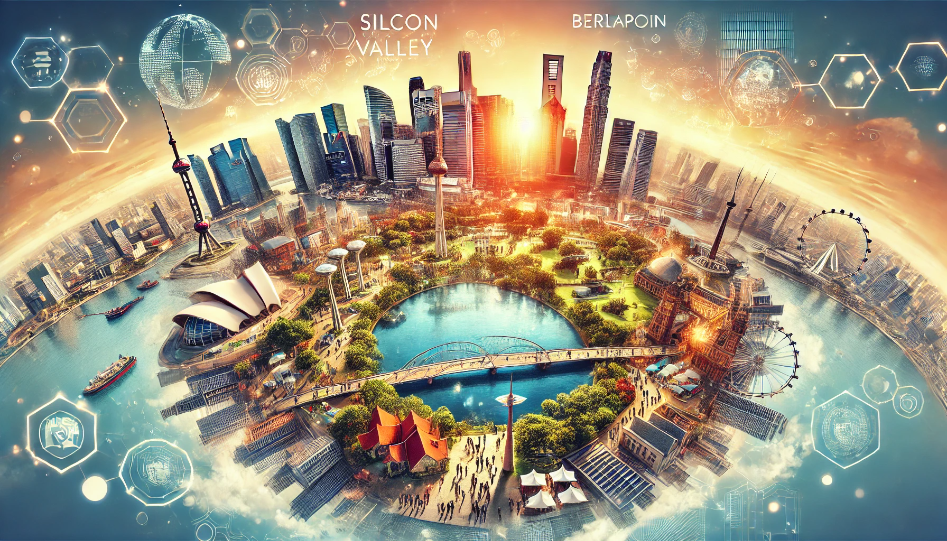 A wide image featuring famous global destinations for entrepreneurs, including Silicon Valley, Singapore, and Berlin, blending city skylines, business events, and nature spots to represent networking and relaxation.