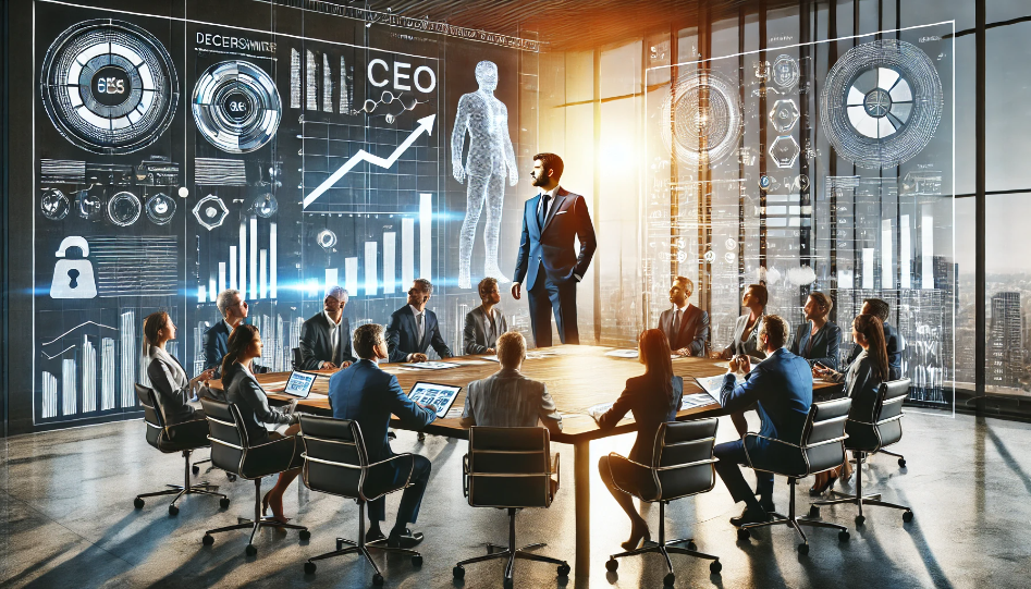 A CEO leading a high-performing executive team in a modern office, collaborating around a conference table with digital screens displaying business data, symbolizing teamwork, innovation, and strategic decision-making.