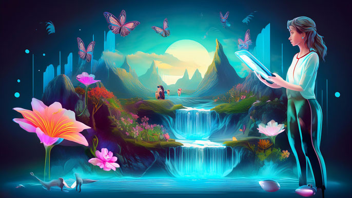 A creative team member working on a holographic AR/VR video ad featuring vibrant sceneries of waterfalls, flowers, and butterflies in a futuristic studio.