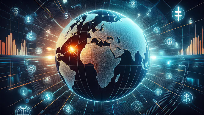 A glowing globe surrounded by interconnected financial symbols such as dollar signs, stock charts, and currency exchange rates, symbolizing the global nature of the macro economy and international trade.