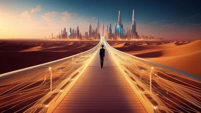 A futuristic bridge glowing with golden pathways, leading an entrepreneur toward a modern skyline in the distance, symbolizing opportunities at the Gulf Franchise Expo.