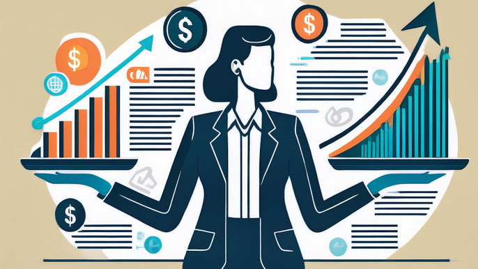 An illustration of a CFO balancing financial reports on one side and growth charts on the other, symbolizing the dual responsibilities of accounting expertise and strategic leadership in the CFO role.