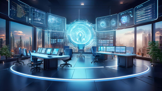 Futuristic business workspace with holographic displays and AI-powered systems. The room features sleek modern design, glowing digital elements, and a central AI hub surrounded by data-filled transparent screens, overlooking a city skyline.