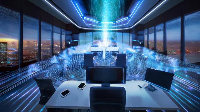 A futuristic office with LED lights transmitting Li-Fi data to various devices, illustrating high-speed wireless communication.