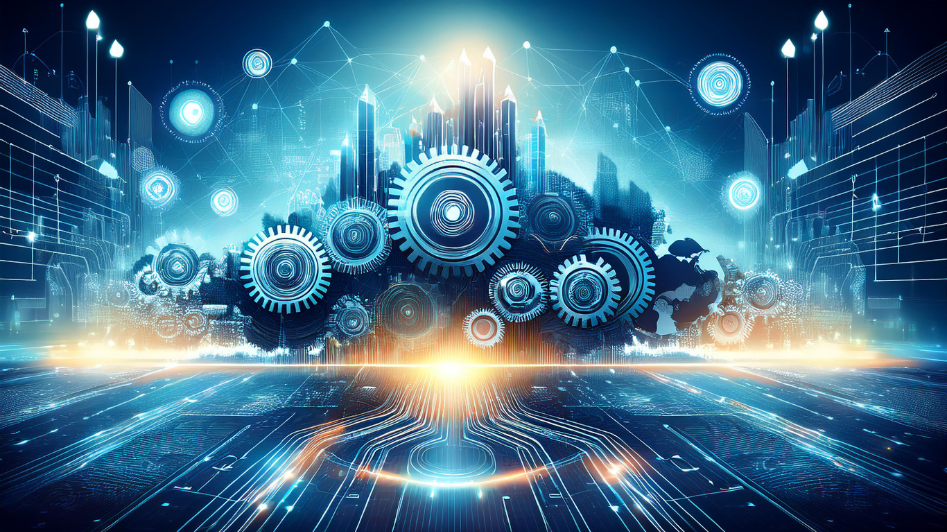 Abstract representation of business success through imitation and technology, featuring gears, digital circuits, and interconnected elements symbolizing growth, innovation, and efficiency in the modern age.