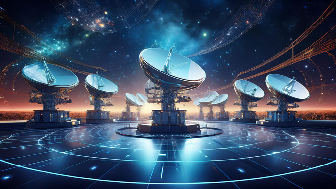 Advanced satellite ground station with multiple large dishes under a starry sky, symbolizing data transfer and space communication.