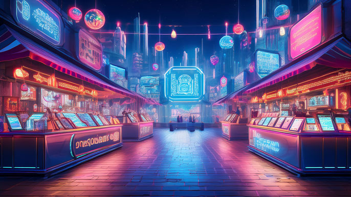 A vibrant virtual marketplace in 2025 illuminated with neon lights, showcasing digital booths offering crypto tokens, NFTs, and wallet deals.