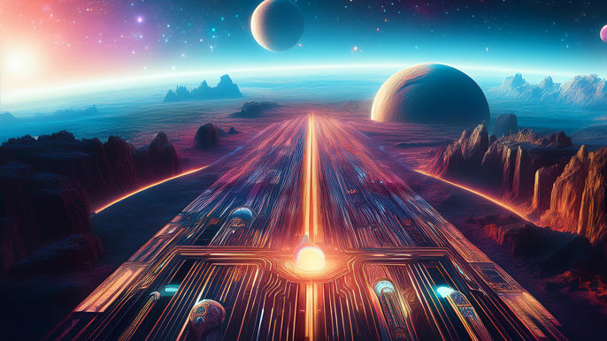 A futuristic landscape with advanced aerospace technology, glowing pathways, and planets in the sky, symbolizing the vast business opportunities in the aerospace industry in 2025