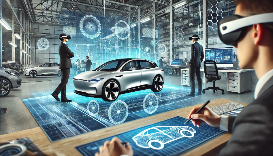 Futuristic automotive scene with self-driving electric cars, engineers using AR headsets, and a design studio for new car models.