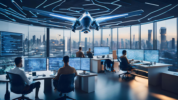 Engineers monitor eVTOL flight software development in a high-tech office with a virtual aircraft model displayed above.