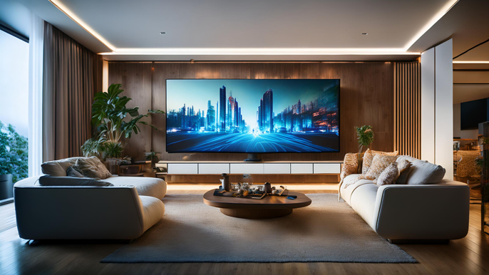 A modern living room with a large 8K smart TV displaying a vibrant, futuristic cityscape. The scene highlights cutting-edge display technology, offering an immersive viewing experience that attracts viewers back to the big screen.