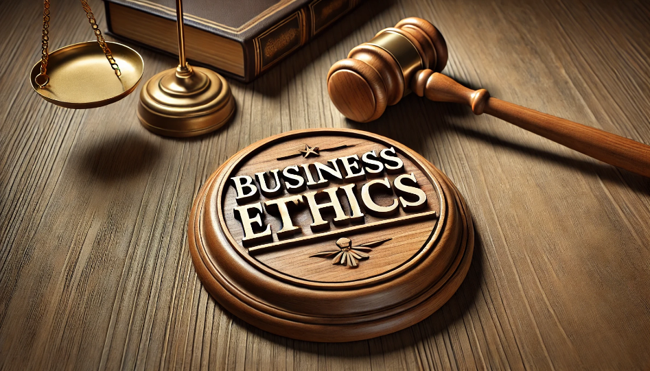 A wide, professional image featuring a wooden judge's gavel and a plaque that reads 'Business Ethics.' The setting is on a wooden surface, conveying the importance of law and ethics in business.