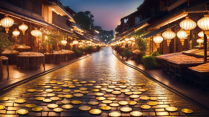 A glowing path paved with golden coins leading through a bustling Bangkok night market, illuminated by lanterns and lined with vibrant food stalls, symbolizing culinary investment opportunities.