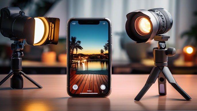 A smartphone set up with professional lighting, capturing a scenic evening shot, symbolizing the potential to start a photography business using only a smartphone.