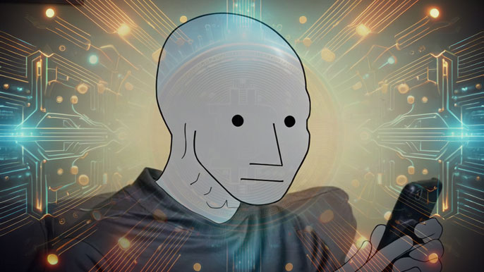 A glowing NPC token featuring the iconic "non-playable character" meme face, surrounded by blockchain elements, representing its unique meme-inspired identity in the cryptocurrency space.