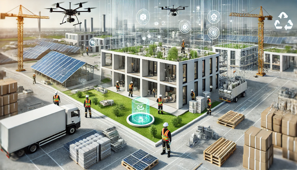 Modern construction site with advanced technology, including drones and eco-friendly materials, showcasing modular building assembly and sustainable practices