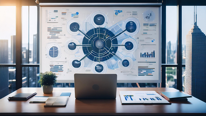 Business desk with a laptop and documents displaying system analysis charts, in front of a whiteboard showing interconnected diagrams of processes and departments, symbolizing system thinking for business problem-solving.