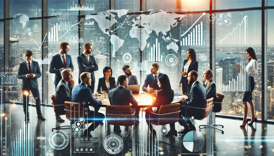 Entrepreneurs brainstorming around a modern office table with a city skyline in the background, symbolizing business growth and collaboration.