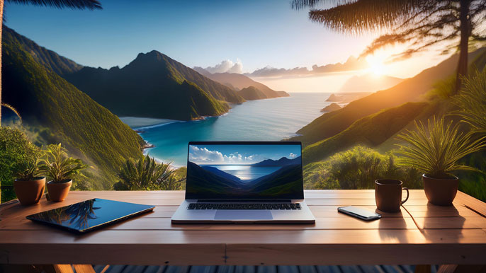 Digital nomad workstation overlooking a stunning beach and mountain vista. A laptop, tablet, smartphone, and coffee cup sit on a wooden desk, symbolizing remote work freedom and flexibility in a serene natural environment.