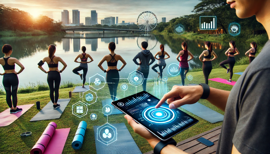 A fitness coach using a tablet with smart devices, guiding a group workout by a serene lake, integrating health and wellness technology in nature.