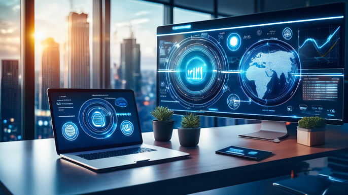 A sleek office setup featuring a laptop and large screen displaying digital payment platforms and global transaction data, symbolizing emerging trends in payment gateways for businesses in 2025.