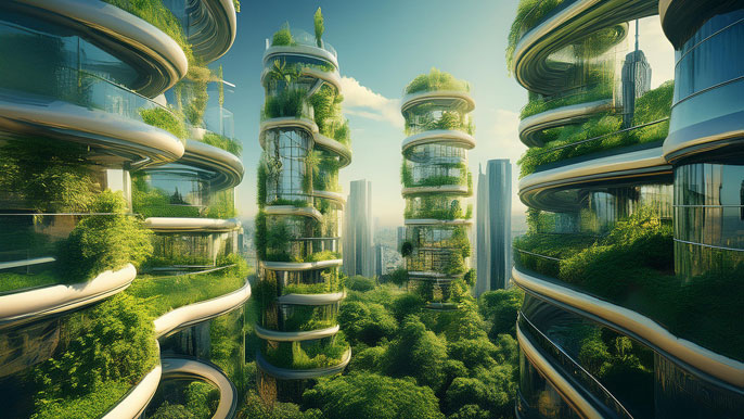 Futuristic skyscrapers covered with cascading greenery and plants growing vertically along transparent tubes, symbolizing the integration of urban architecture and nature through vertical gardening.