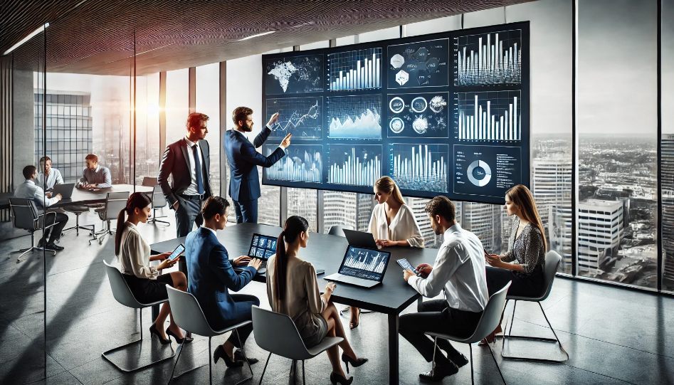 Business team collaborating in a modern office with digital charts and cityscape in the background.