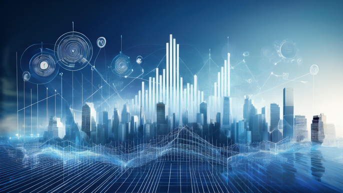 Abstract image representing the strategic role of a CFO, featuring bar graphs, financial symbols, and a futuristic cityscape, symbolizing financial growth and innovation.