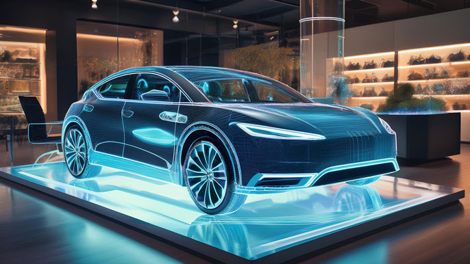 A holographic display of a 3D car model in a high-tech retail showroom, allowing customers to view the car’s design from various angles.