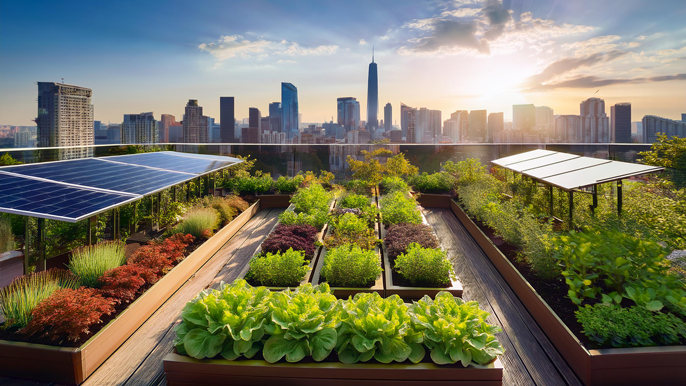 A rooftop garden in an urban setting, featuring neatly arranged vegetable beds, solar panels, and a city skyline in the background. The garden showcases sustainable technology and modern urban farming practices.