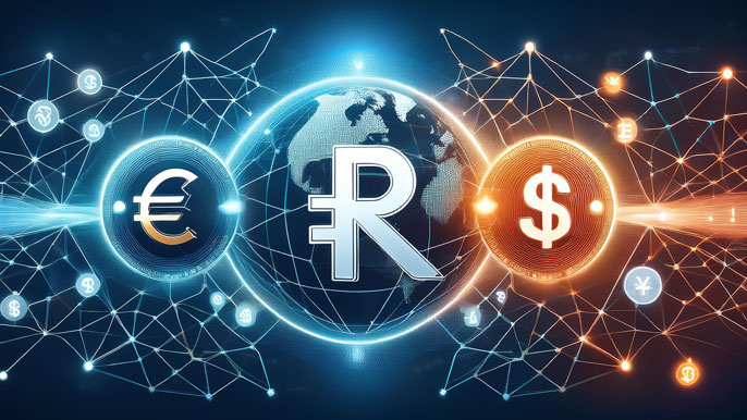 Illustration of XRP as a bridge between global currencies like USD and EUR, with interconnected glowing lines symbolizing fast, cross-border transactions and the global reach of XRP.