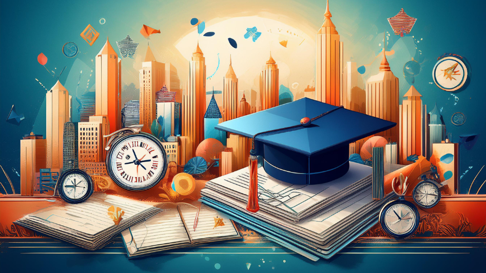 MBA entrance exams in India, featuring symbols like exam papers, graduation caps, and bar charts, with a background of cityscapes and digital graphs symbolizing success and preparation