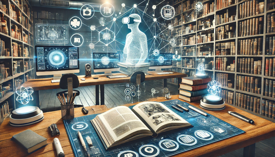 A wide image of a modern VR/AR book publishing setup with VR headsets, 3D book models, and augmented reality elements, symbolizing the future of immersive storytelling.