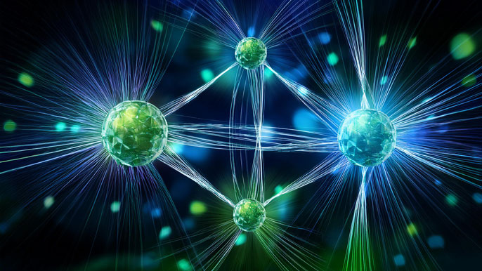 Visualization of Rydberg atoms interacting in a quantum network with electric fields connecting glowing green spheres on a dark background.