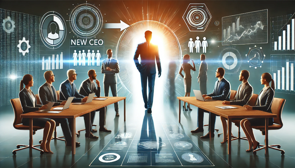 A new CEO leading a team in a modern office, interacting with executives, discussing strategic goals, and reviewing data on digital screens, symbolizing leadership, transition, and business growth.