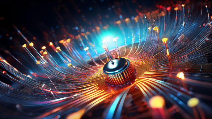 A close-up of a spin-based qubit in a semiconductor, surrounded by intricate wiring and glowing connections, illustrating the precise control required for quantum computing.