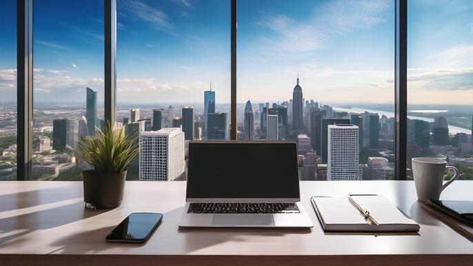 A modern office desk with a laptop, smartphone, and notebooks overlooking a city skyline, symbolizing efficient communication and corresponding with busy professionals.