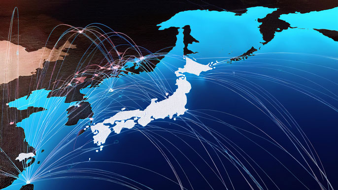 A global financial map highlighting Japan’s international investments, with lines connecting Japan to various countries, symbolizing its global economic influence and foreign asset holdings.