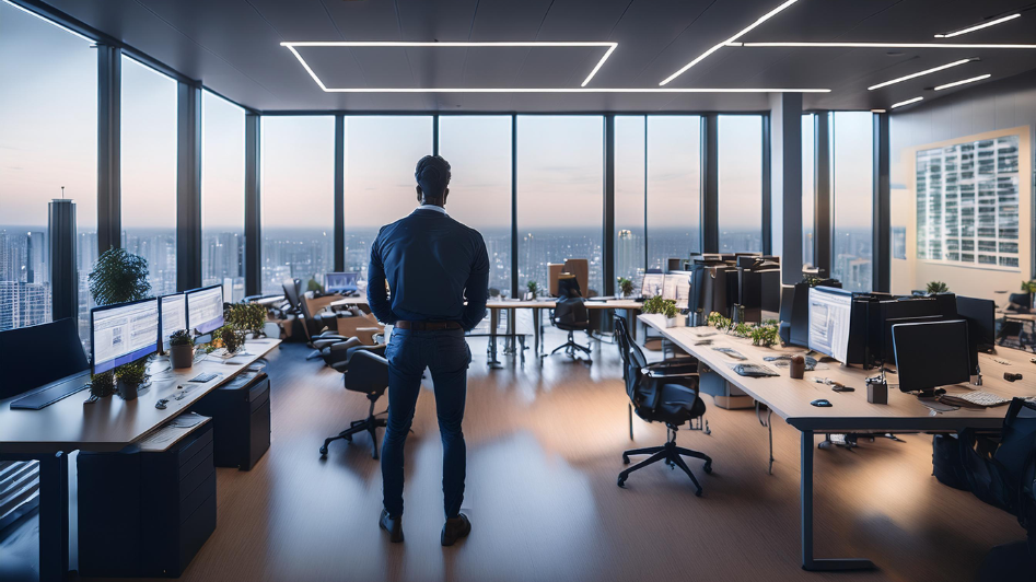 Modern office environment with an employee standing amidst workstations, symbolizing worker tension and its impact on productivity and business performance.