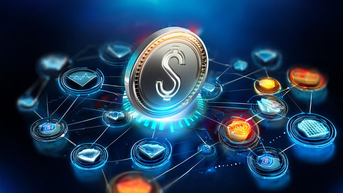 A glowing stETH token at the center of a connected web of DeFi icons, Ethereum symbols, and staking pools, illustrating its role in providing liquidity and integration within decentralized finance ecosystems.