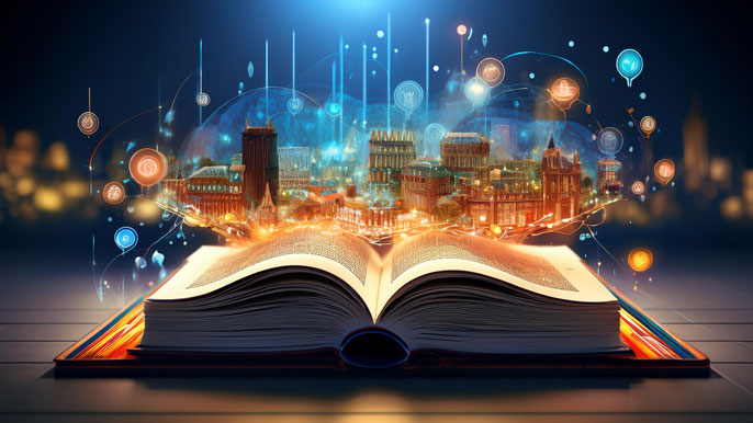 A symbolic image of an open book with a glowing cityscape and floating symbols representing ethics, transparency, and responsibility, symbolizing the knowledge and values guiding corporate ethics.