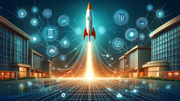 A rocket launching from a startup hub, with digital connections to fintech, e-commerce, and healthcare icons, symbolizing the rapid growth of Indian startups across industries.