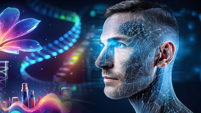 A digital face with glowing interconnected particles, surrounded by holographic DNA strands, a vibrant flower, and beauty products, symbolizing the fusion of biotechnology, virtual skincare, and futuristic beauty innovations.