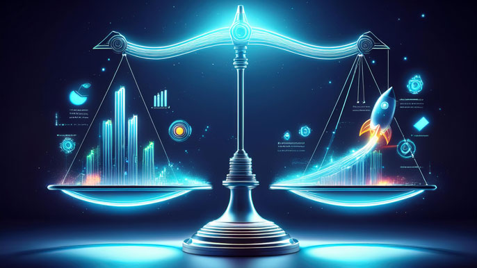 A glowing futuristic scale balancing financial charts on one side and a rocket symbolizing business growth on the other, representing the balance between data analysis and growth potential in company valuation.