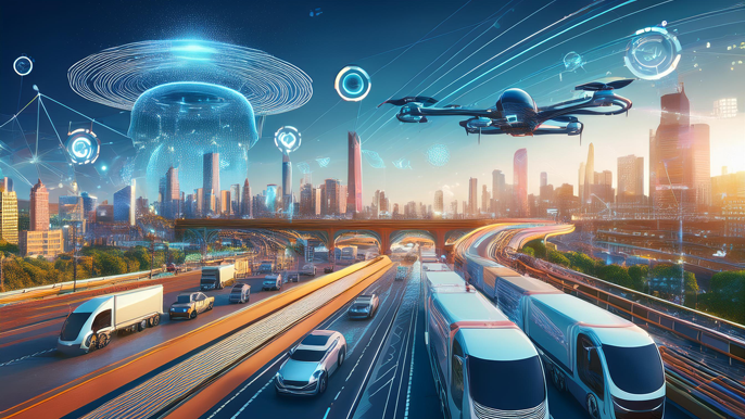 Futuristic transport network featuring autonomous trucks, electric vehicles, and drones, set against a modern cityscape with advanced digital connections representing the future of transportation in 2025.