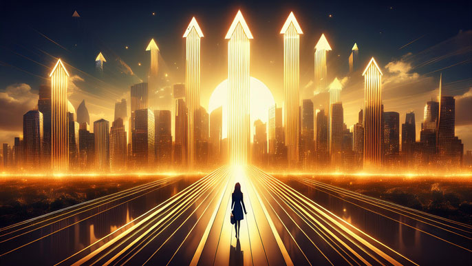 A glowing futuristic cityscape with towering skyscrapers shaped like golden arrows, symbolizing entrepreneurial growth and success.