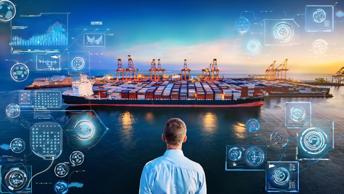 A shipbroker stands overlooking a busy port with container ships docked, while digital holographic screens display market data, vessel details, and shipping trends. Role of shipbrokers in managing global trade using modern technology, data insights.